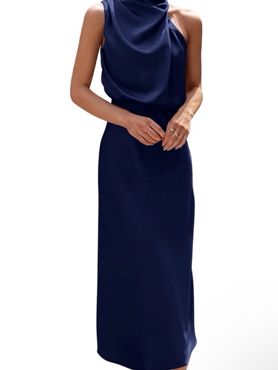 PrettyGarden Dresses & Skirts - One-Shoulder Navy Draped Maxi Dress